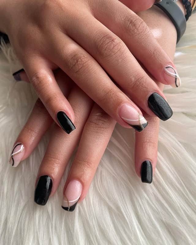 16. Black and Nude Mixed Finish with Gold Line Art - black, white and gold nail ideas