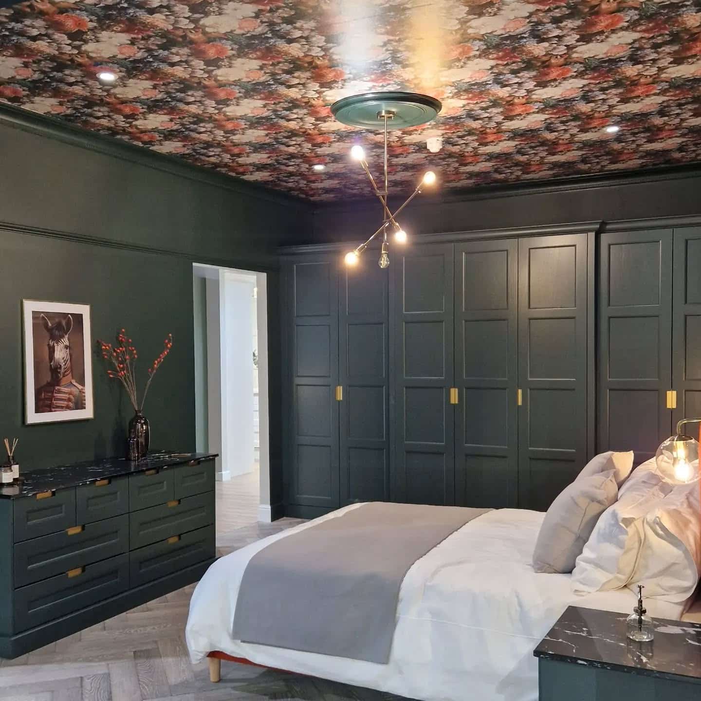 3. Dramatic Green Bedroom with Patterned Ceiling - dark green bedroom ideas