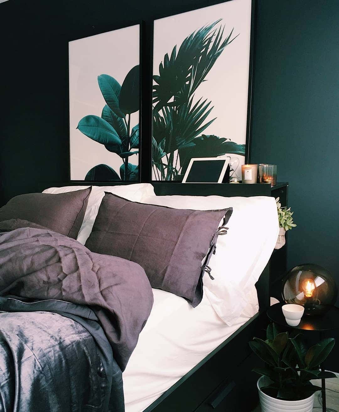 4. Dark Green Feature Wall with Botanical Art - dark green bedroom ideas