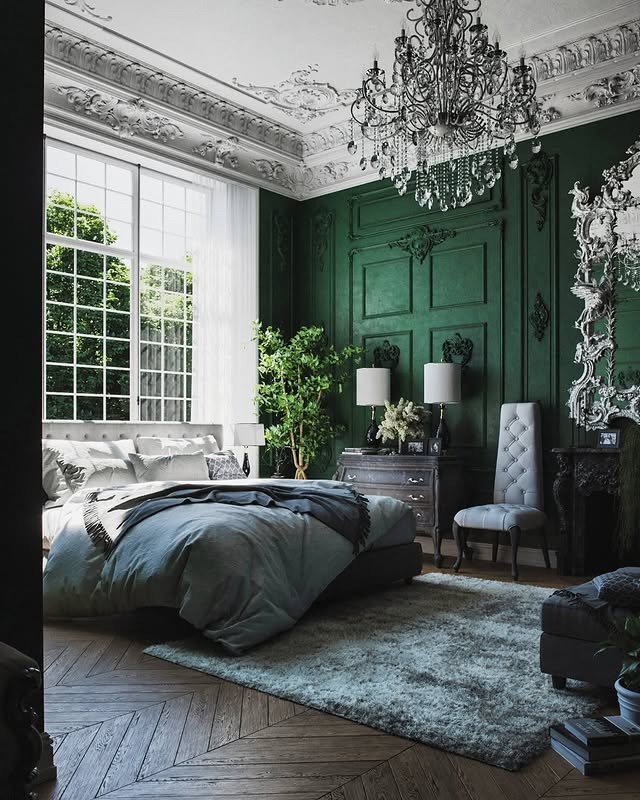 6. Classic Dark Green Bedroom with Ornate Details - dark green bedroom ideas