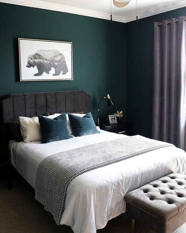 8. Contemporary Dark Green Bedroom with Graphic Art - dark green bedroom ideas