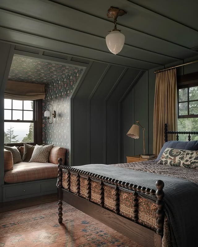 12. Cottage-Inspired Dark Green Bedroom with Built-In Seating - dark green bedroom ideas