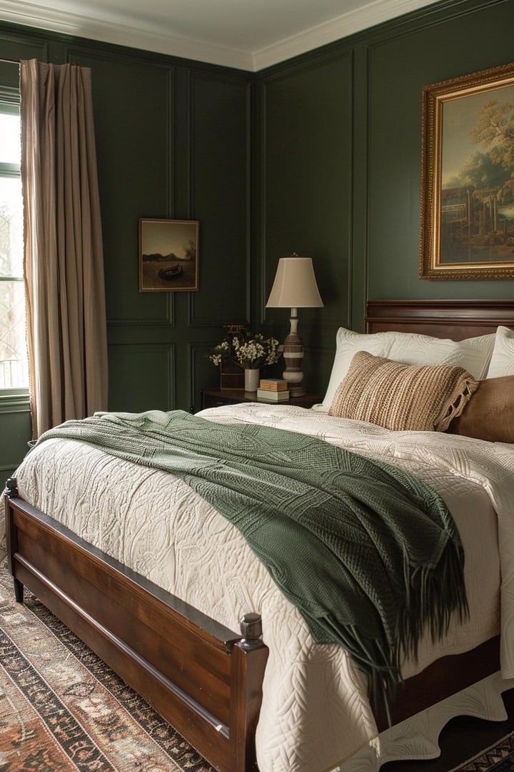 16. Traditional Dark Green Bedroom with Layered Textures - dark green bedroom ideas