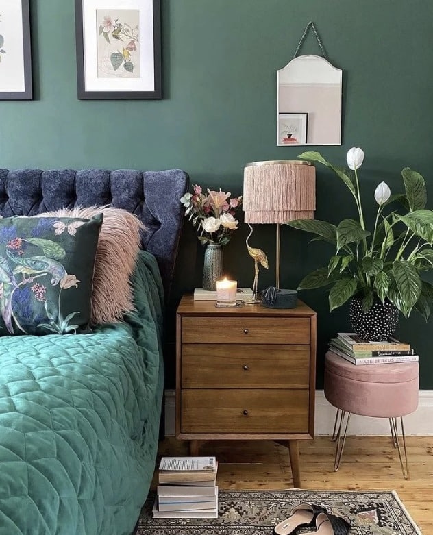 17. Eclectic Dark Green Bedroom with Natural Accents - dark green bedroom ideas