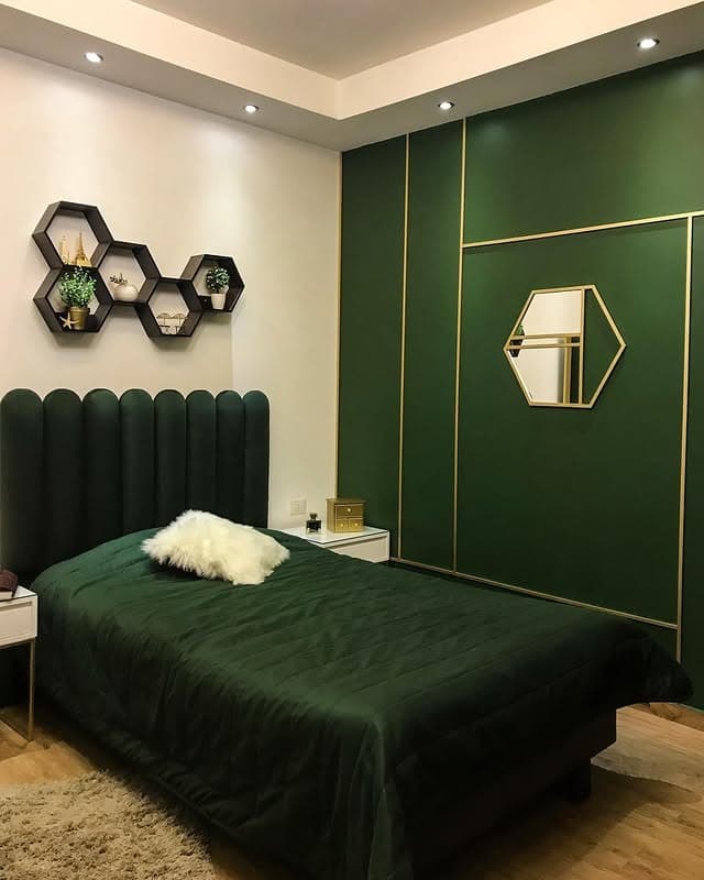 19. Contemporary Dark Green Bedroom with Geometric Details - dark green bedroom ideas