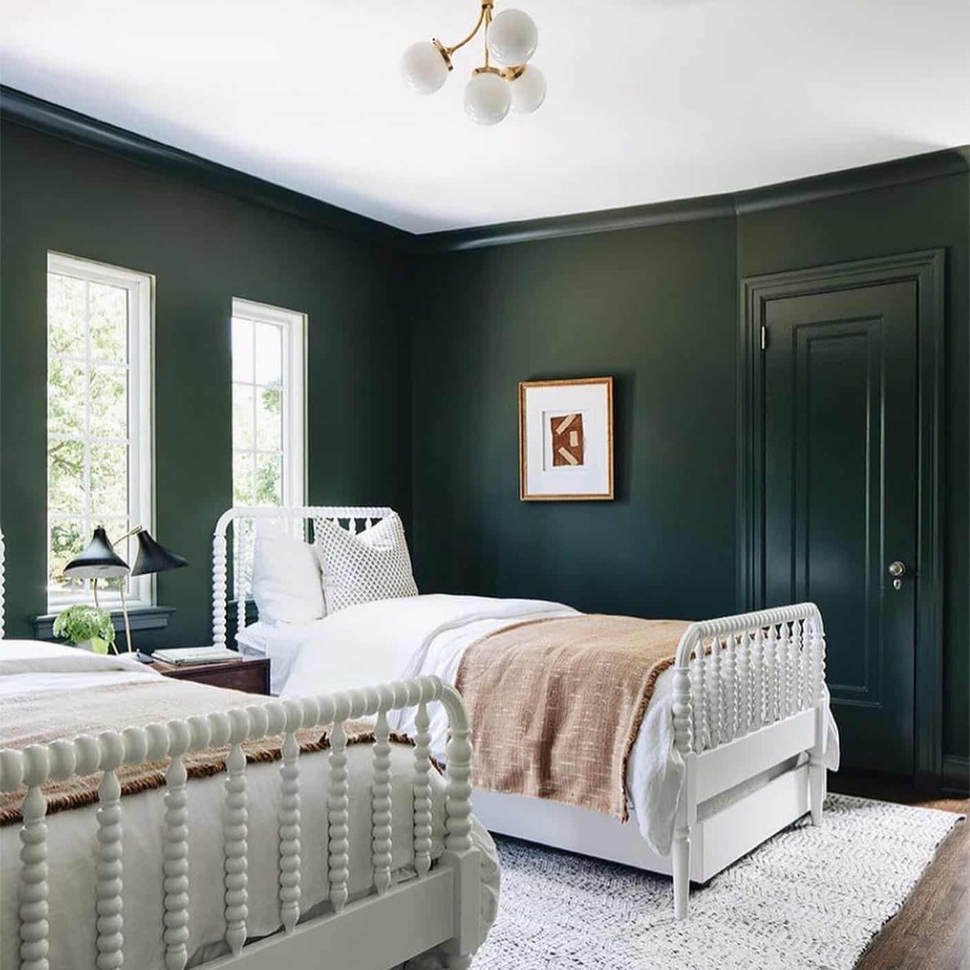 20. Dark Green Shared Bedroom with Classic White Beds - dark green bedroom ideas