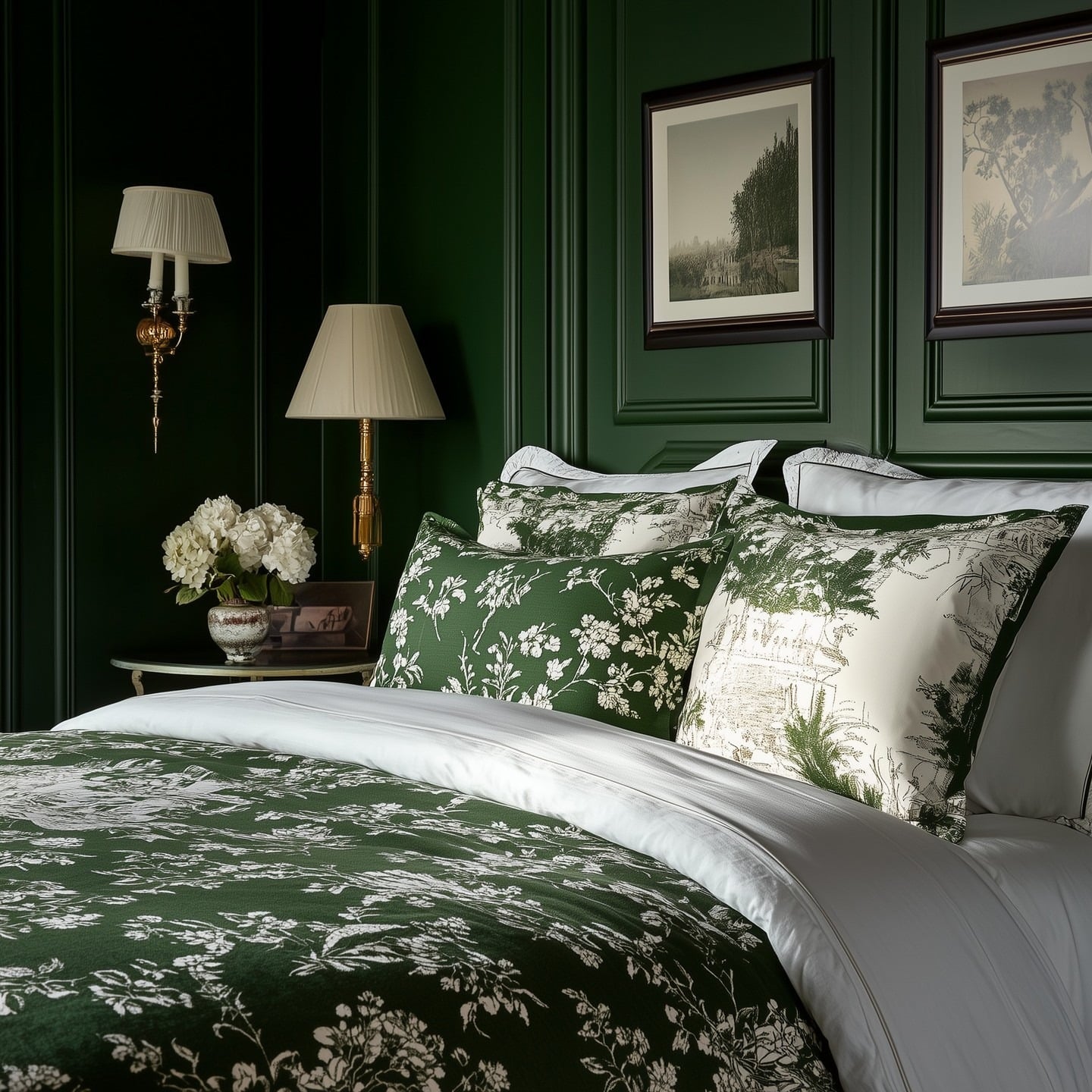 21. Classic Dark Green Bedroom with Botanical Bedding - dark green bedroom ideas