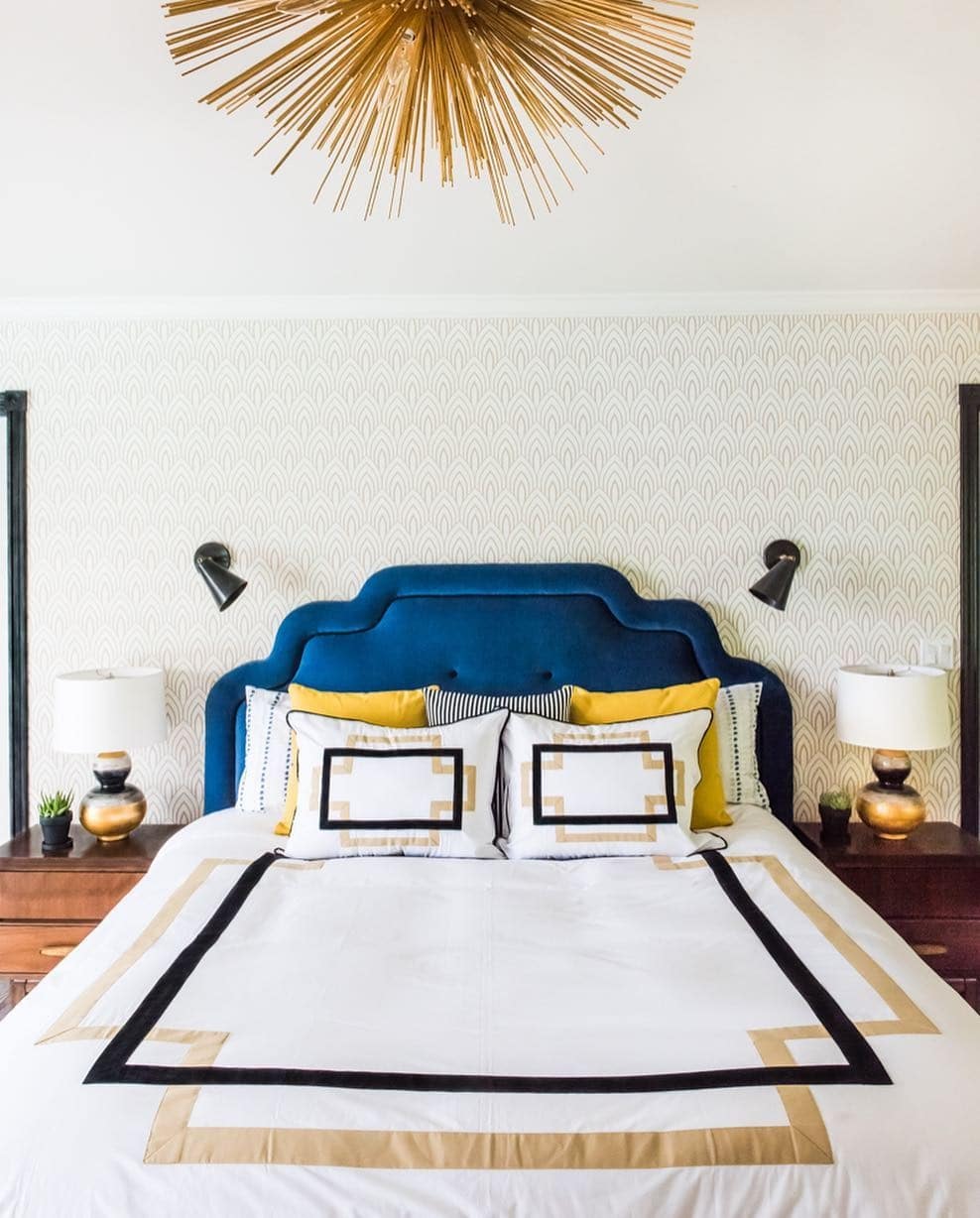 2. Classic Blue Headboard with Yellow Accents - yellow and blue bedroom ideas