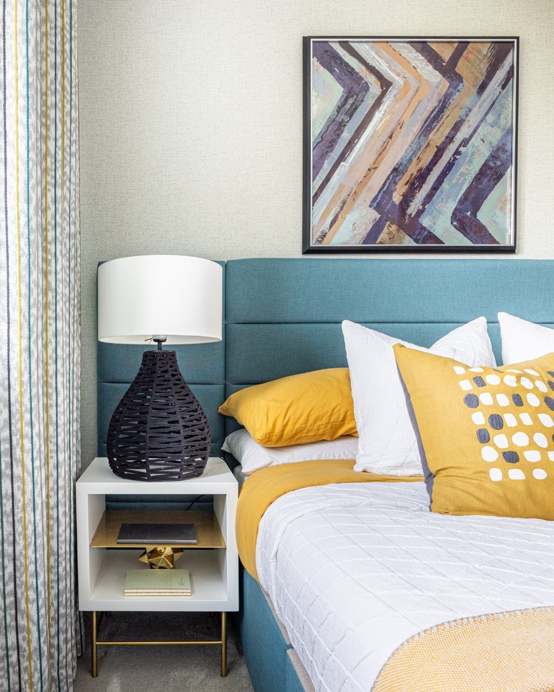 4. Contemporary Blue Panel Bed with Yellow Highlights - yellow and blue bedroom ideas
