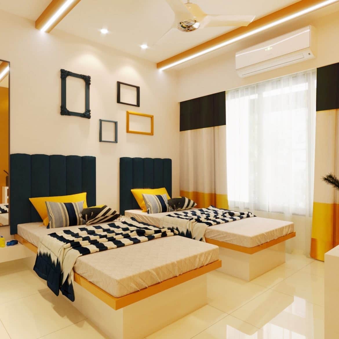 5. Modern Twin Bedroom in Blue and Yellow - yellow and blue bedroom ideas