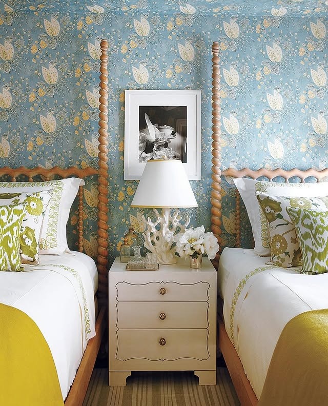 6. Traditional Twin Beds with Soft Blue and Yellow Florals - yellow and blue bedroom ideas