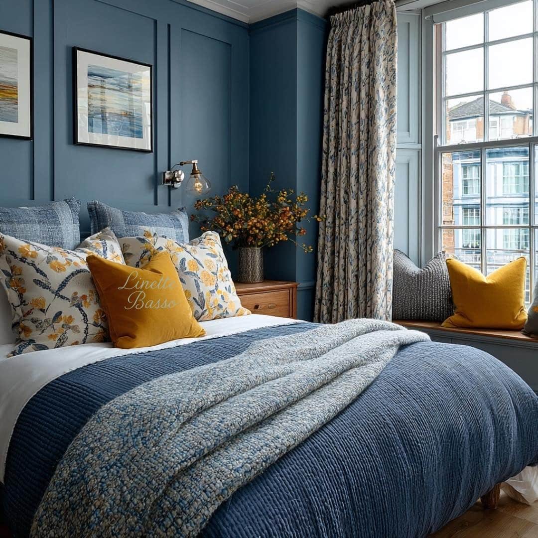 9. Layered Blue Bedding with Golden Yellow Accents - yellow and blue bedroom ideas