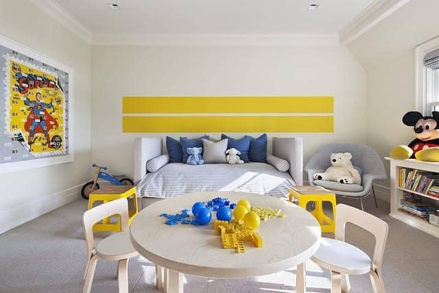 13. Playful Blue and Yellow Kids’ Bedroom Layout - yellow and blue bedroom ideas