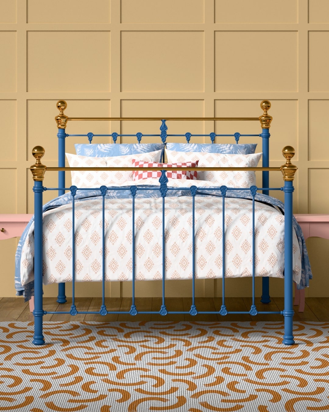 14. Blue Metal Bed with Warm Yellow Wall Paneling - yellow and blue bedroom ideas