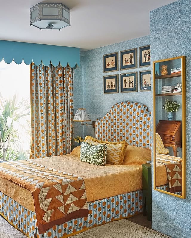 18. Patterned Blue and Yellow Upholstered Bed - yellow and blue bedroom ideas