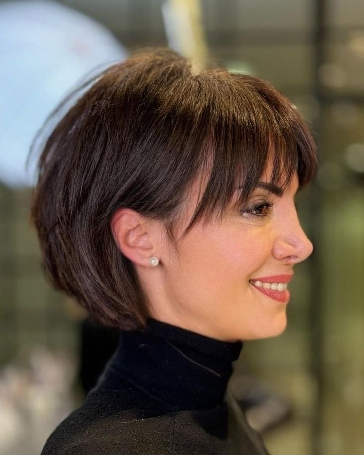2. Soft Layered Bob with Wispy Bangs in Chocolate Brown - Bob Hairstyles with Bangs