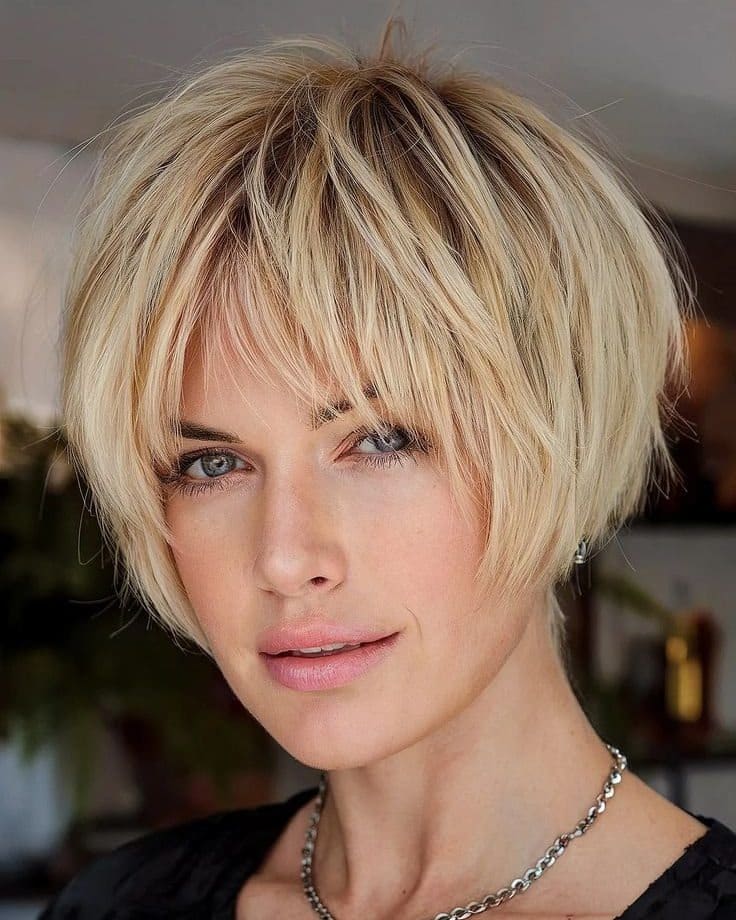 9. Layered Pixie Bob with Fringe Bangs in Butter Blonde - Bob Hairstyles with Bangs