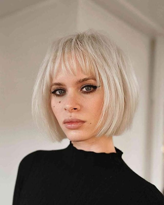 12. Blunt Short Bob with Cropped Bangs in Icy Blonde - Bob Hairstyles with Bangs
