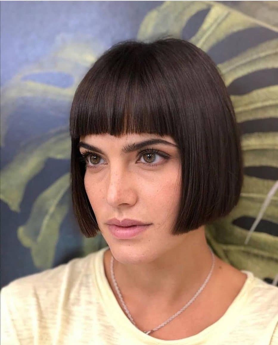 14. Precision Chin-Length Bob with Full Bangs in Deep Brunette - Bob Hairstyles with Bangs