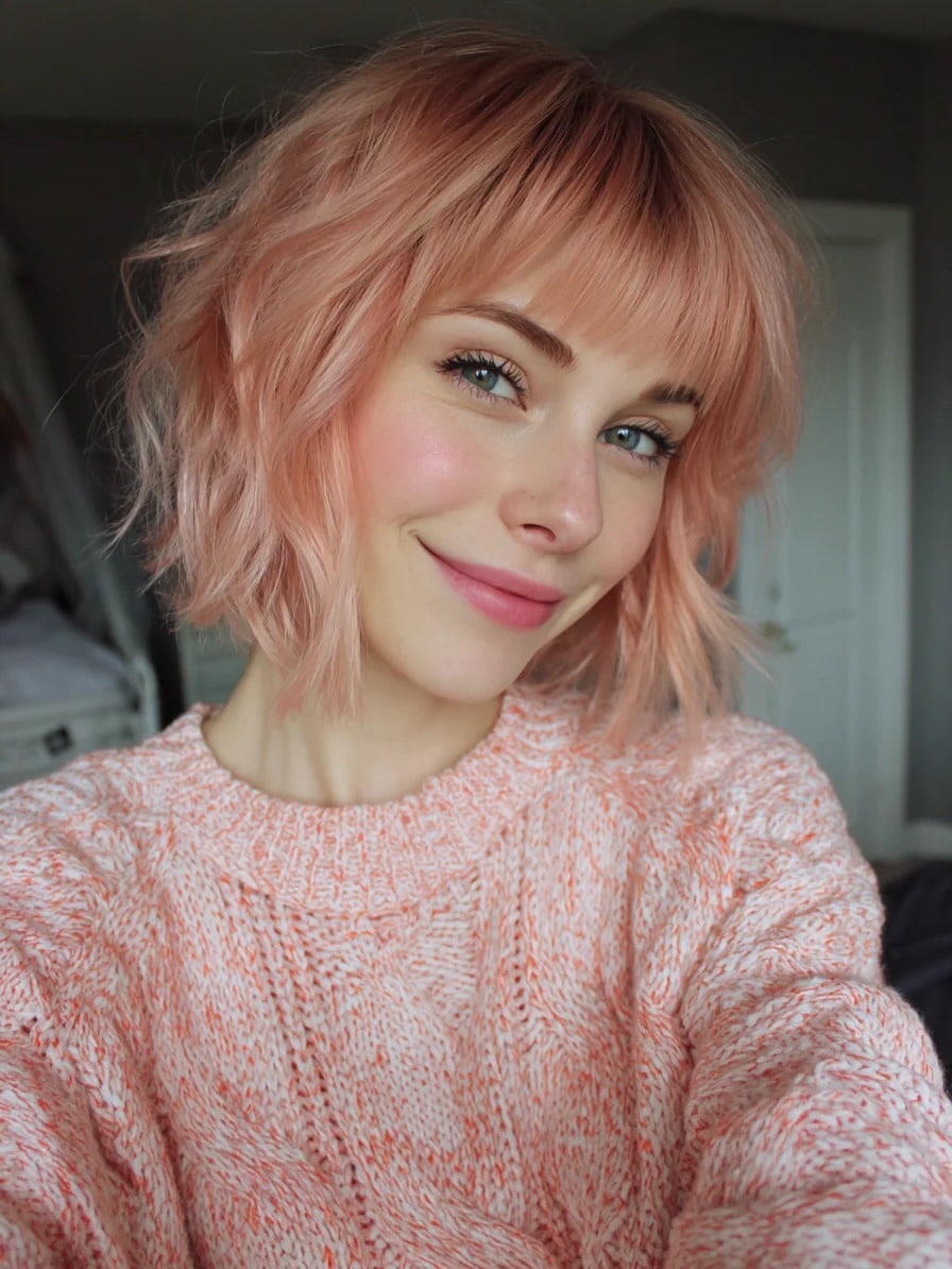 22. Textured Short Bob with Fringe Bangs in Peach Blonde - Bob Hairstyles with Bangs