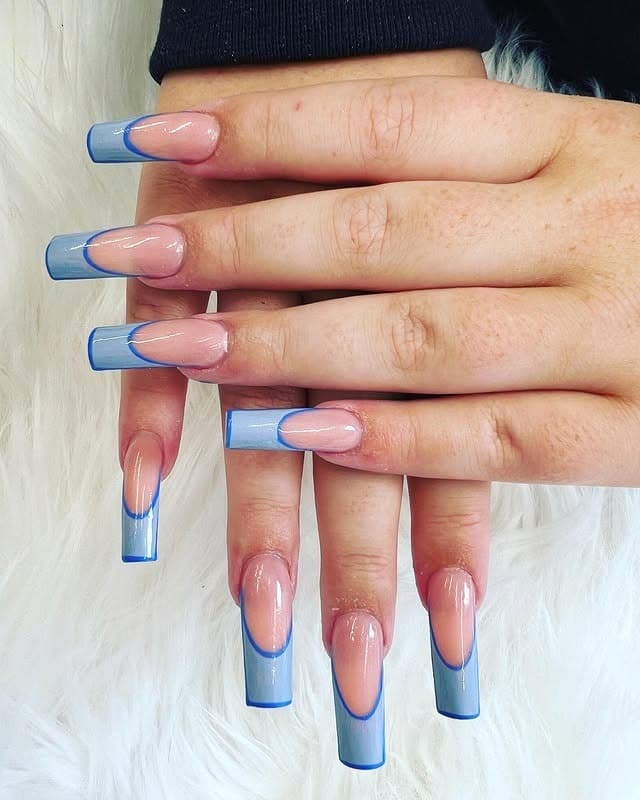3. Sheer Blue Ombre Square French - blue tip nail ideas