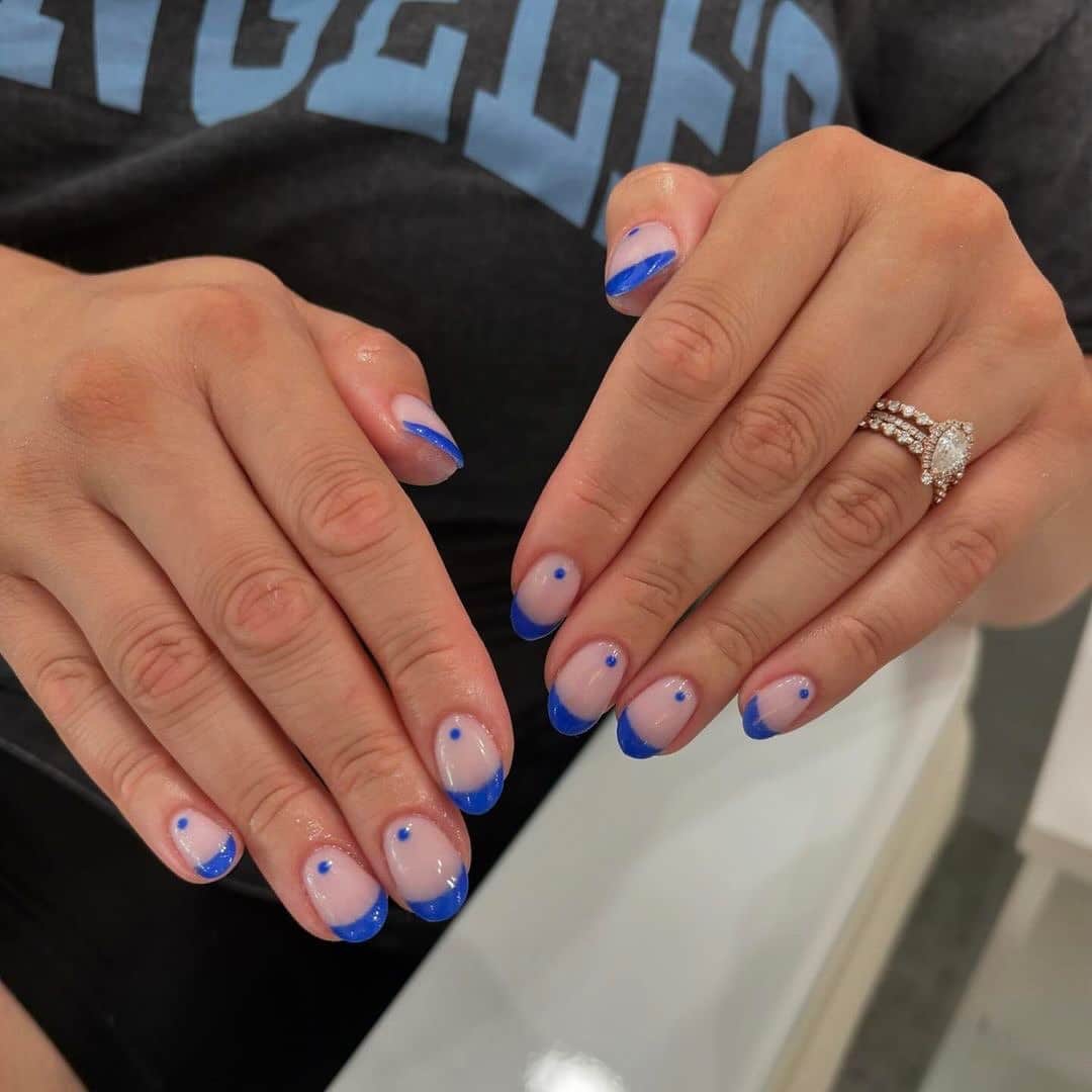 5. Minimal Blue Dot French Short Round - blue tip nail ideas