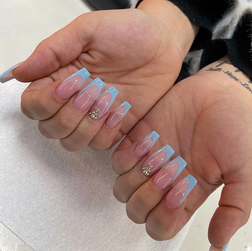 6. Pastel Blue Square French with Crystal Accent - blue tip nail ideas