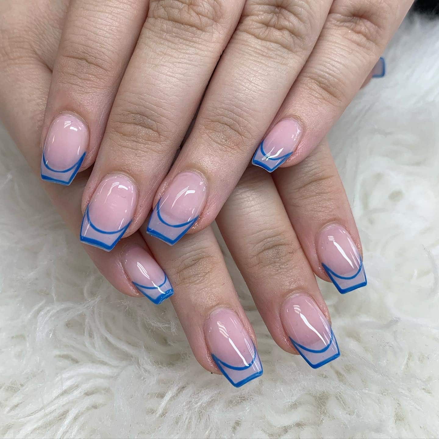 7. Double-Line Blue Contour French Square - blue tip nail ideas