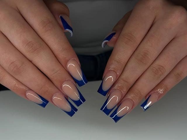 12. Deep Blue Angled Square French - blue tip nail ideas