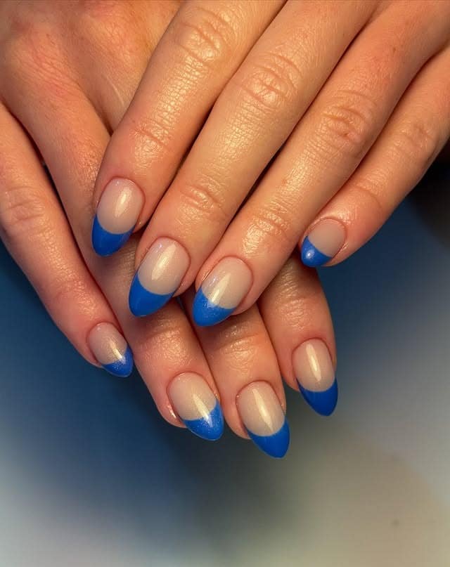 16. Cobalt Blue Almond French Fade - blue tip nail ideas