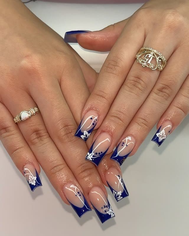 17. Navy Blue Square French with White Art Detailing - blue tip nail ideas
