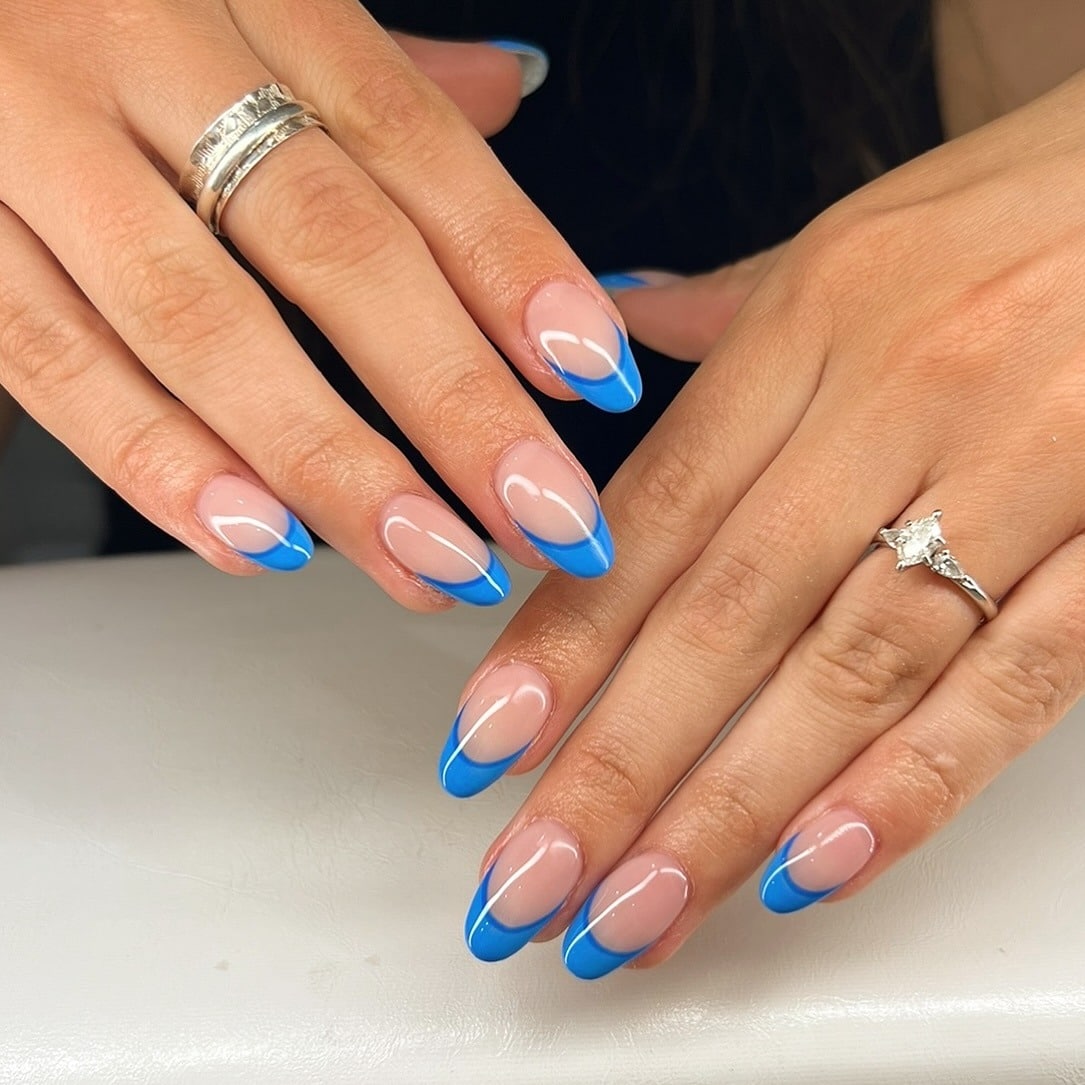 21. Electric Blue Double-Line Almond French - blue tip nail ideas