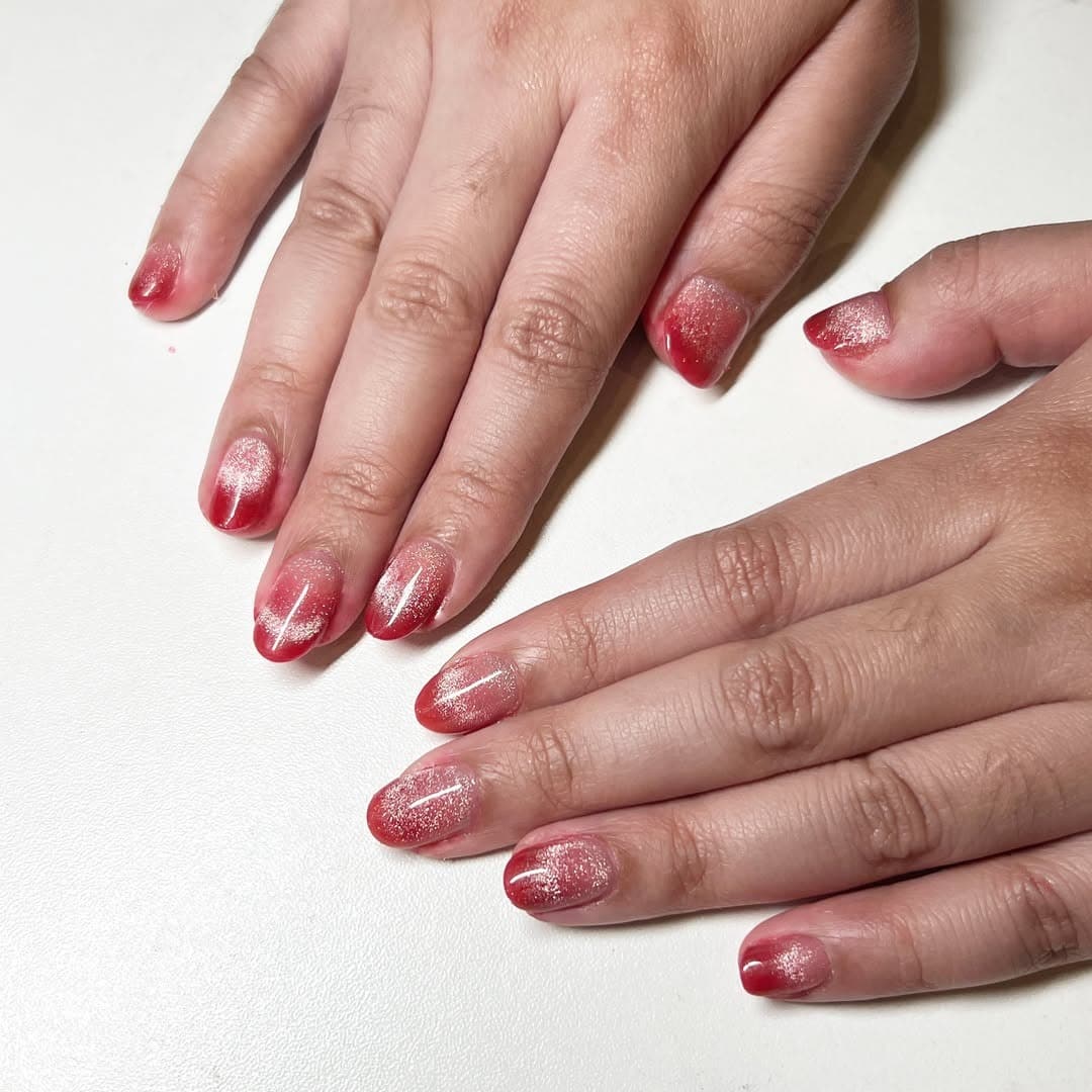 1. Ruby Blush Glitter Ombre Almond Nails - blush nail ideas