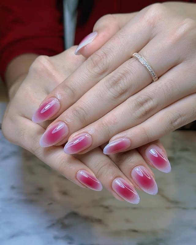 12. Glassy Pink Blush Almond Ombre - blush nail ideas