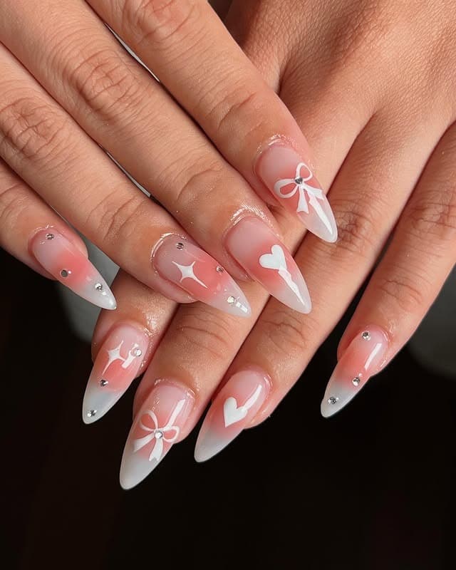 14. Soft Blush and Milky White French Almond with Bow Details - blush nail ideas