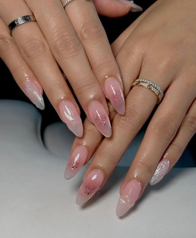 15. Dusty Rose Blush Almond Nails with Fine Glitter - blush nail ideas
