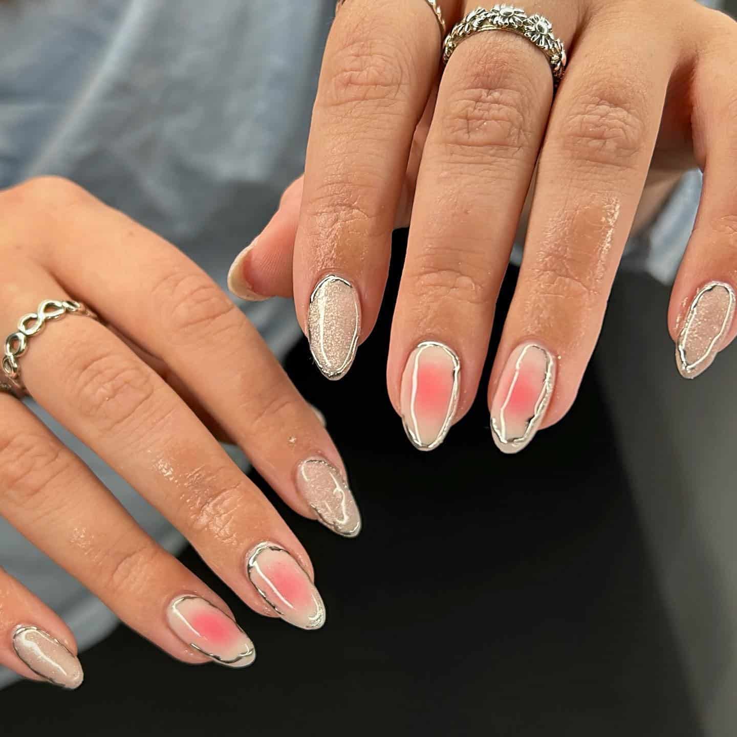 19. Peachy Blush Oval Nails with Chrome Outline Art - blush nail ideas