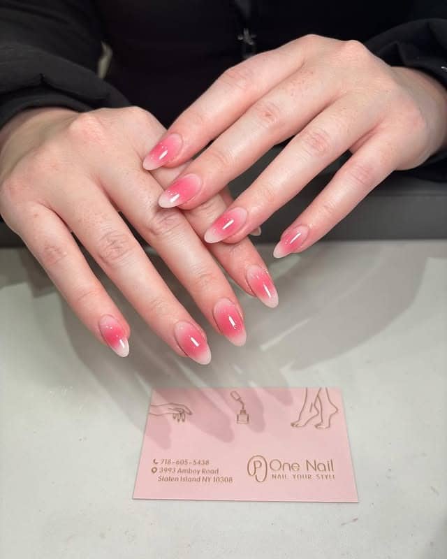 21. Classic Pink Blush Almond Ombre - blush nail ideas