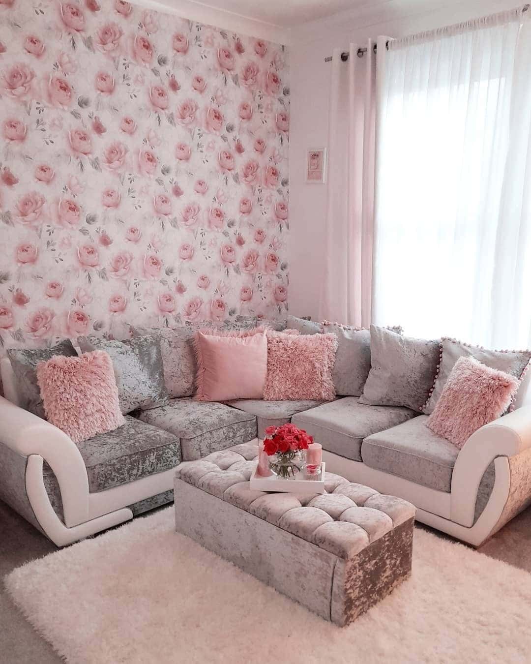 4. Romantic Floral Feature Wall with Blush and Silver - grey and pink living room ideas