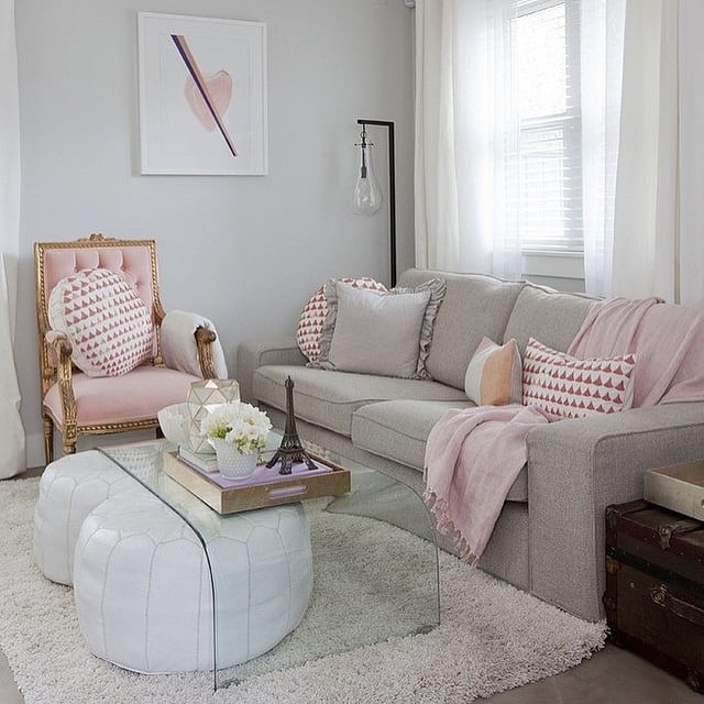 5. Contemporary Grey Sofa with Pale Pink Details - grey and pink living room ideas