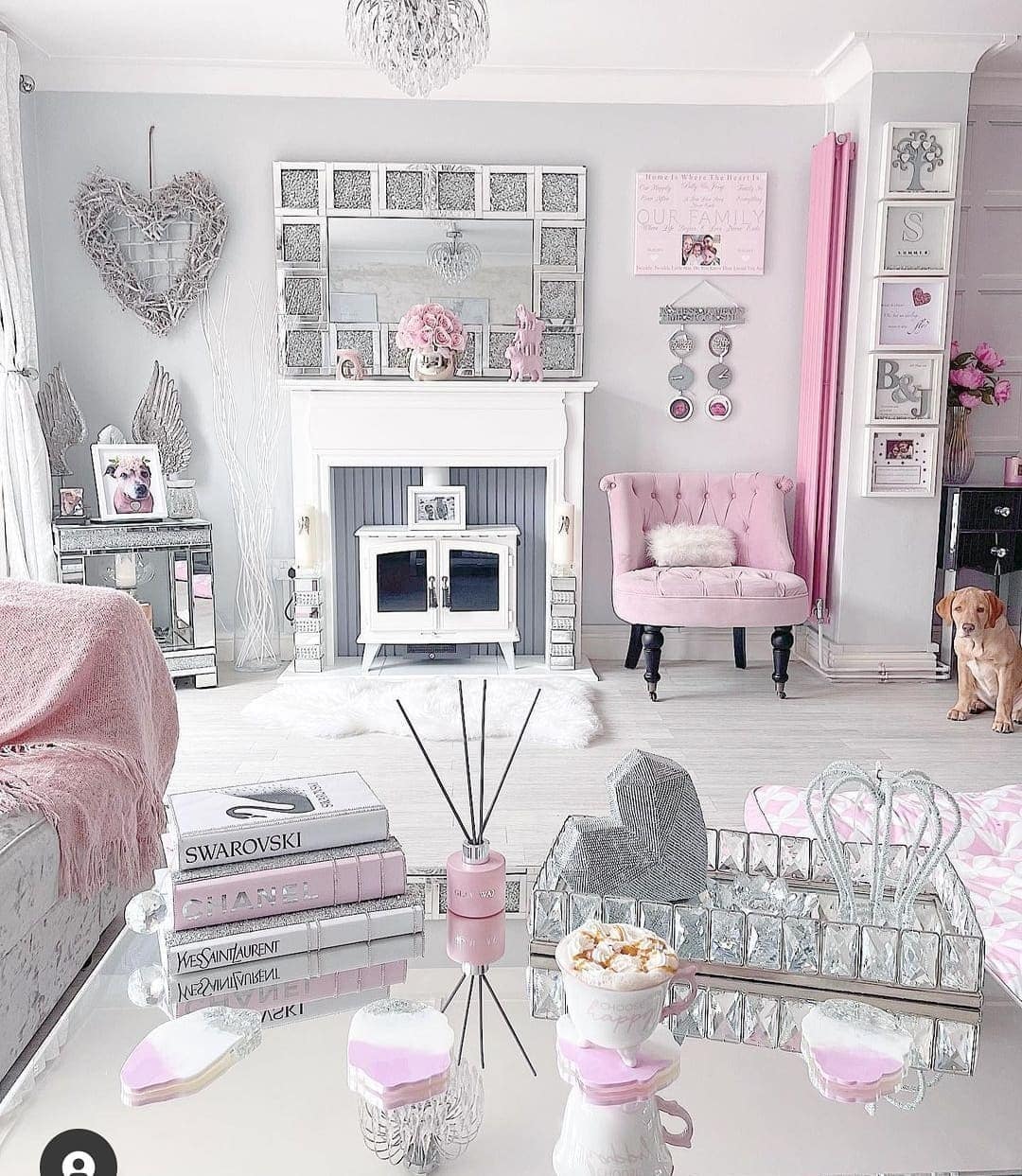 8. Elegant Grey and Pink Living Room with Mirrored Accents - grey and pink living room ideas
