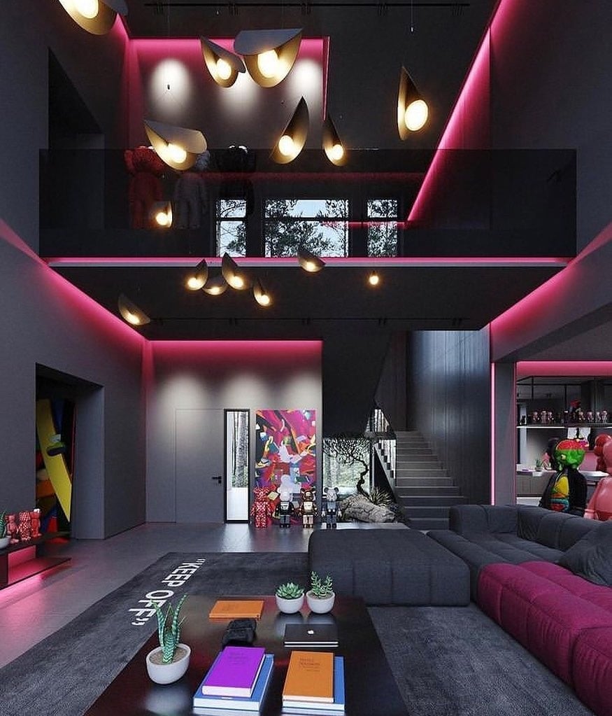 9. Modern Loft Grey with Neon Pink Lighting - grey and pink living room ideas