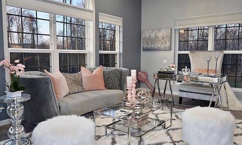 11. Glam Grey and Blush with Mirrored Accents - grey and pink living room ideas