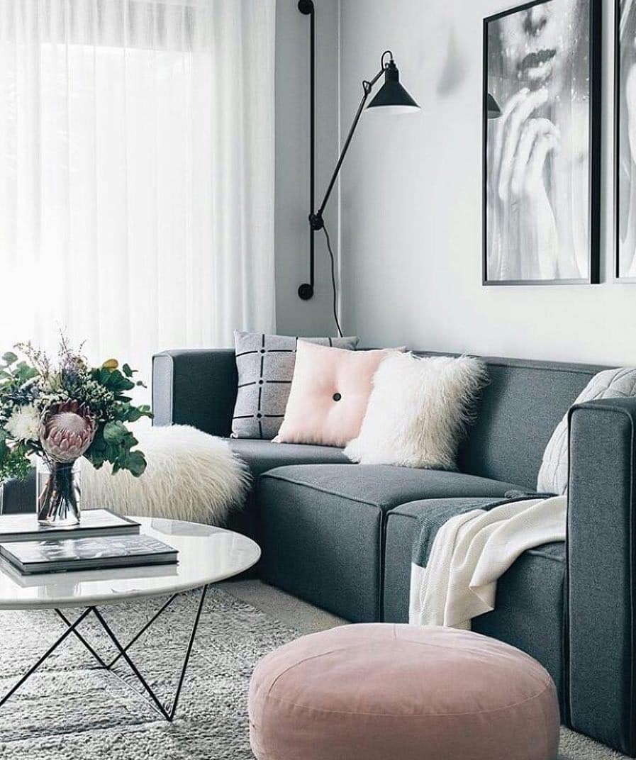 12. Scandinavian Grey with Soft Pink and Black Details - grey and pink living room ideas