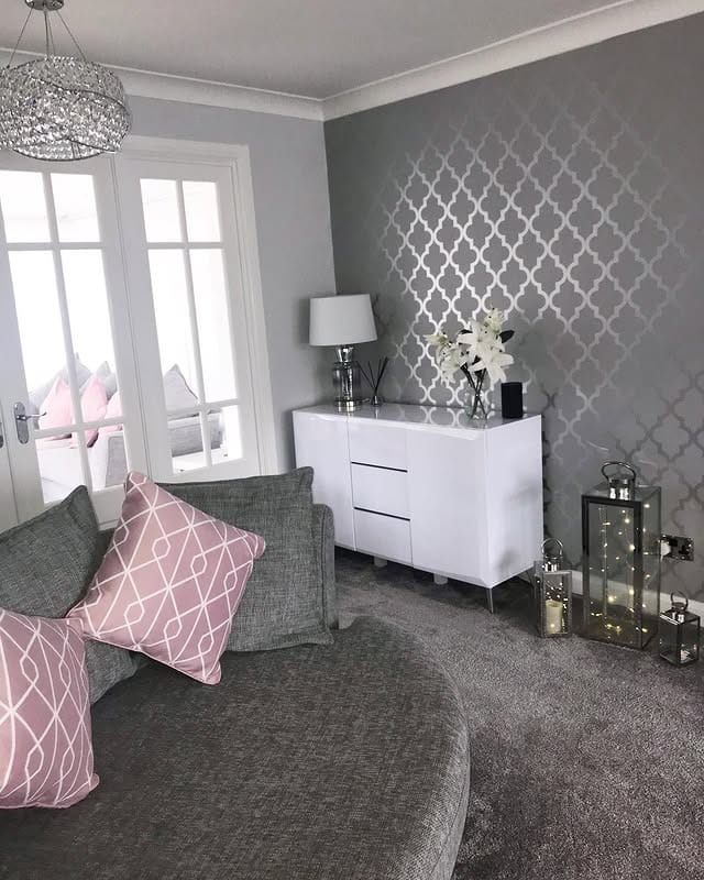16. Patterned Grey Feature Wall with Blush Geometrics - grey and pink living room ideas