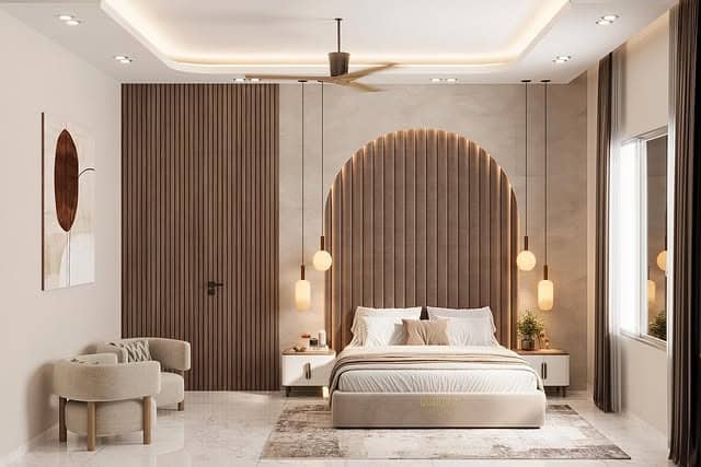 8. Sculptural Wood Slat Feature Wall in Warm Neutrals - scandinavian bedroom ideas