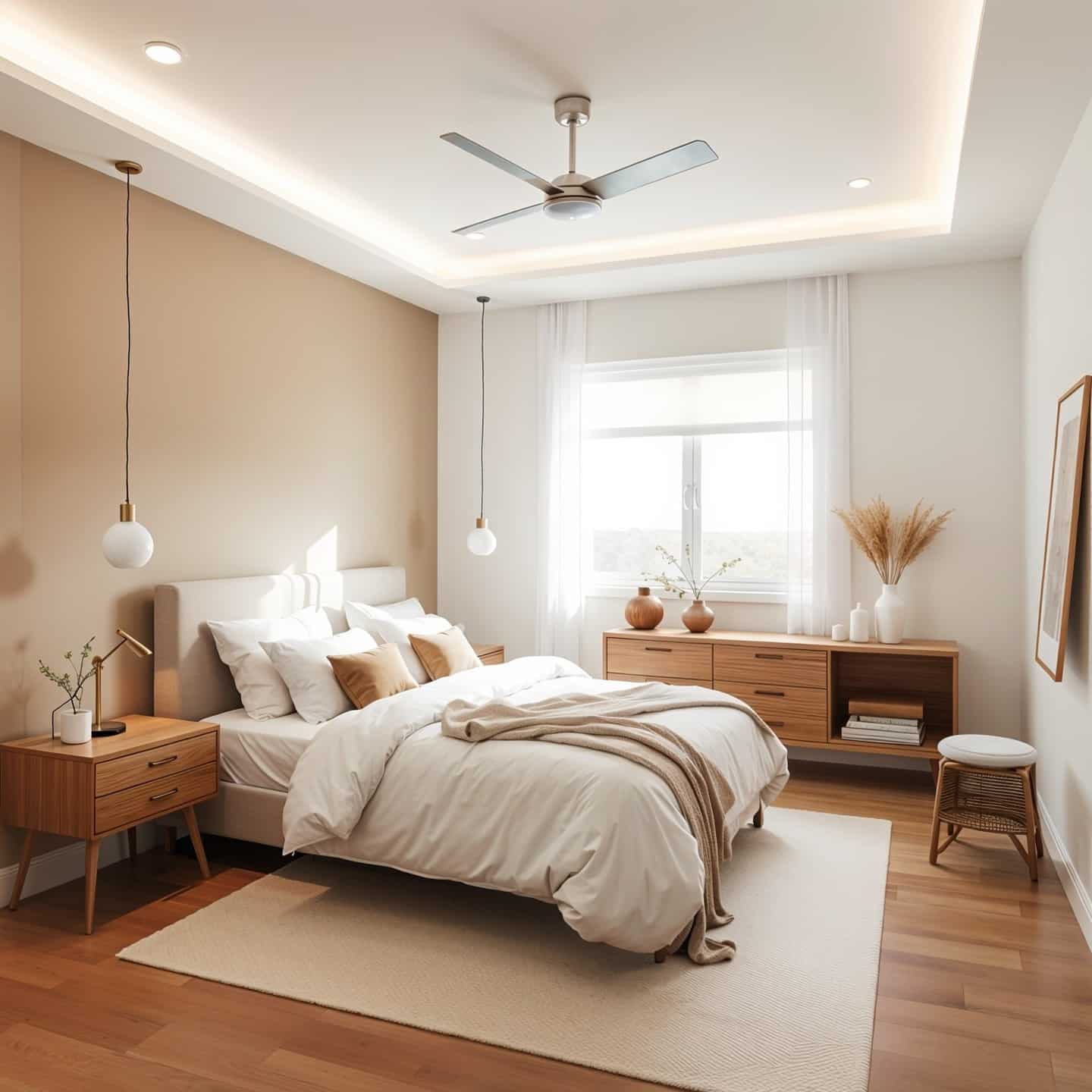 14. Beige and Walnut Scandinavian Bedroom with Mid-Century Influence - scandinavian bedroom ideas