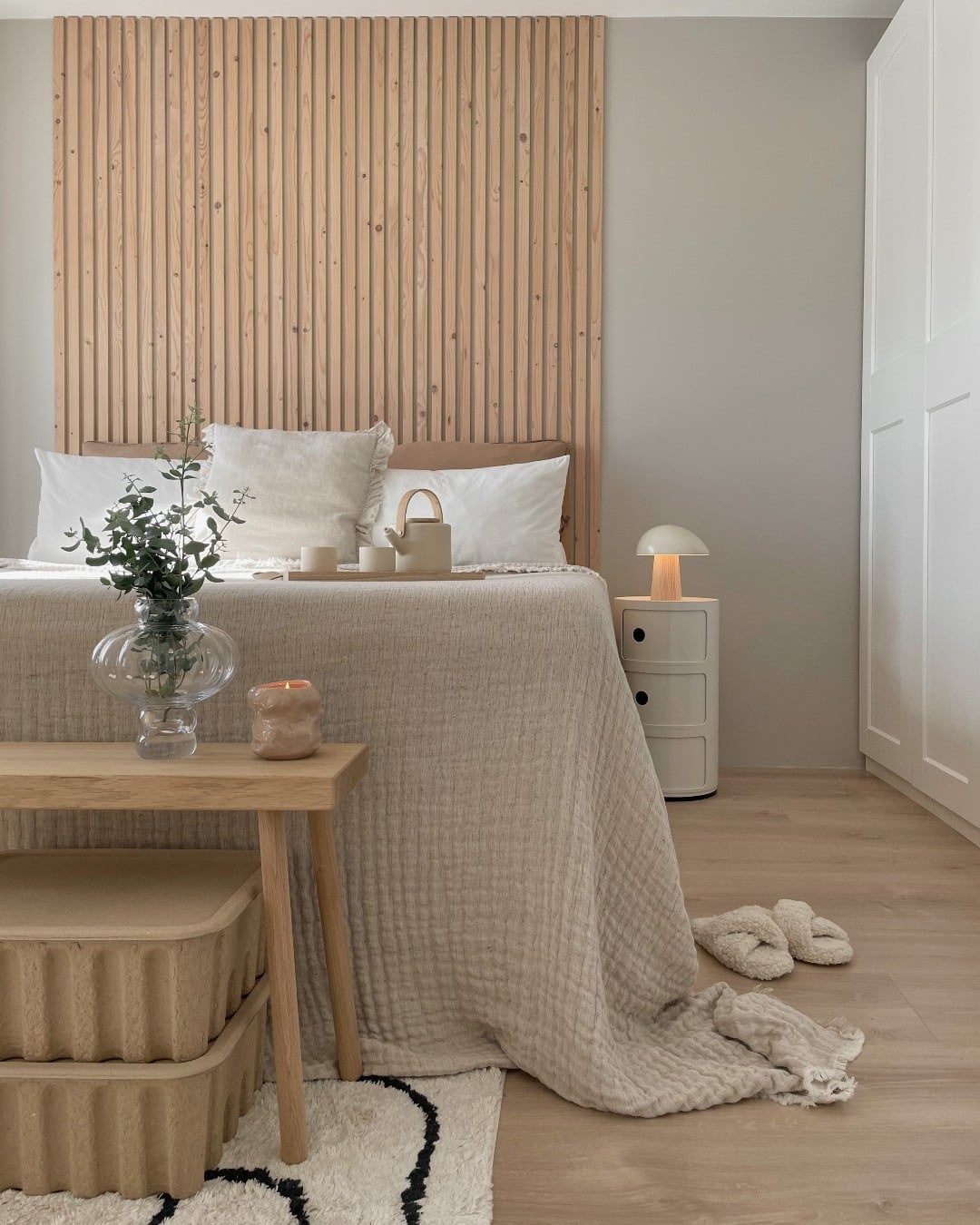 17. Neutral Scandinavian Bedroom with Vertical Wood Slat Accent - scandinavian bedroom ideas