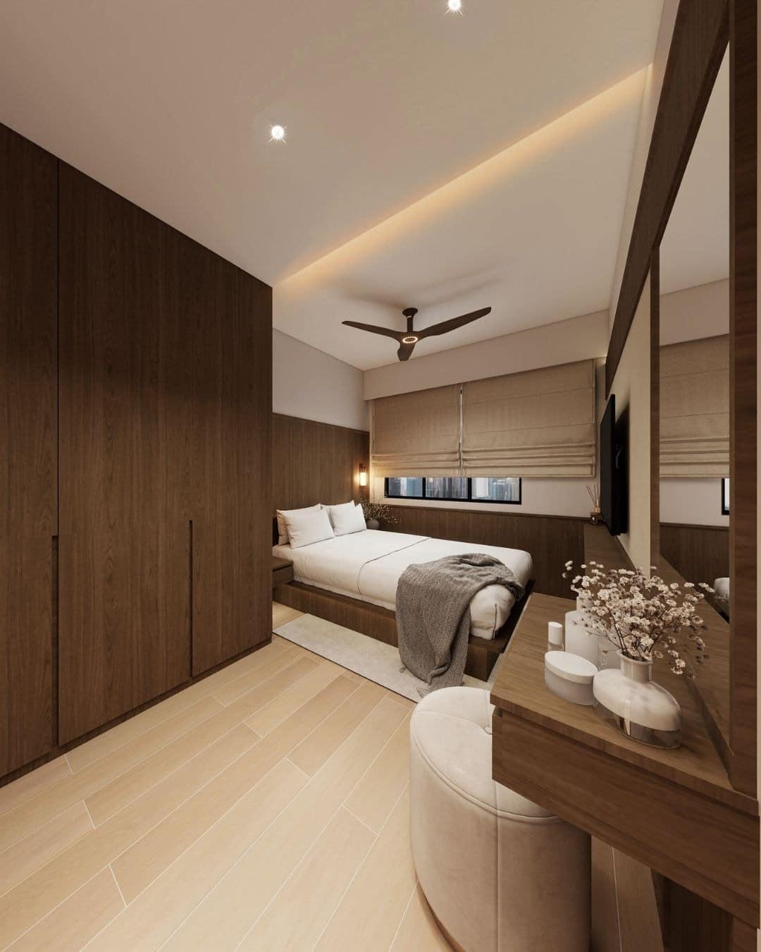 21. Walnut and Warm Beige Scandinavian Bedroom with Built-In Storage - scandinavian bedroom ideas