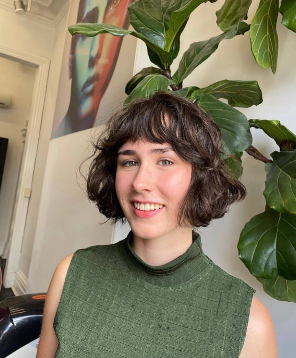 4. Curly Chocolate French Bob with Micro Fringe - French Bob Hair